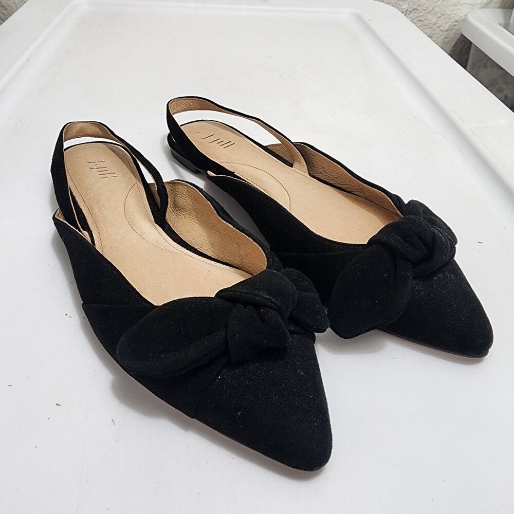 J. Jill Camille Slingback Bow Pointed Toe Flats Black Suede Leather Womens 6.5